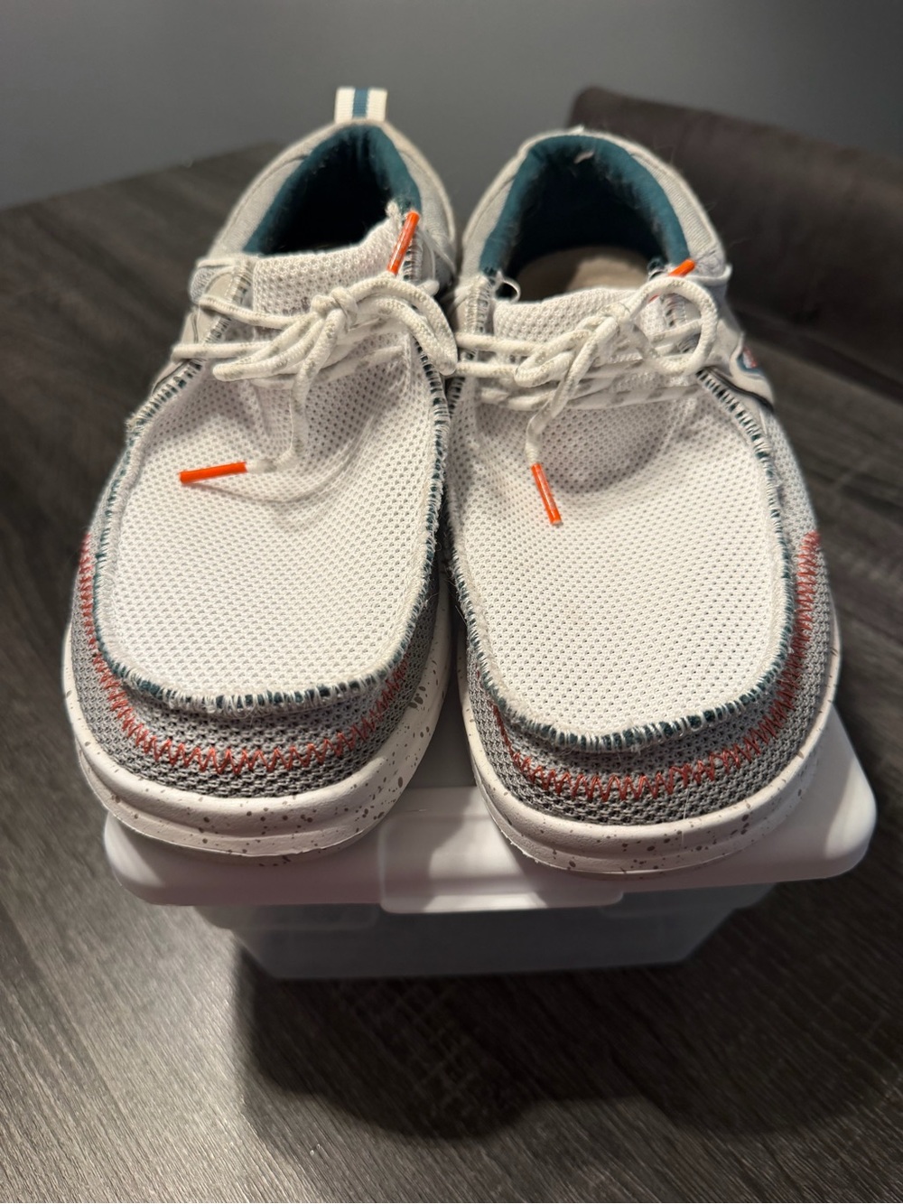 Hey Dude White Mesh Sneakers with Orange Accents